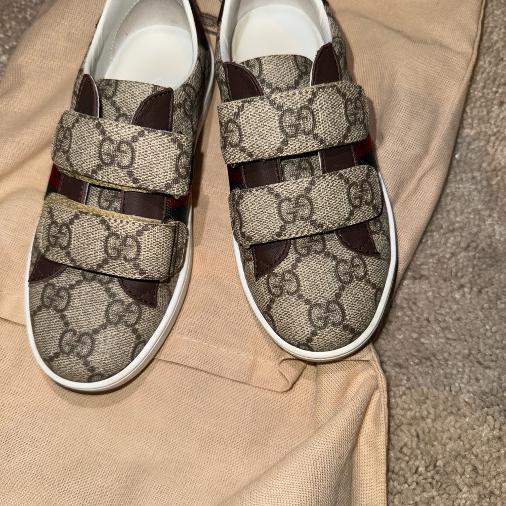 Gucci Beige and Brown Monogram Velcro Sneakers